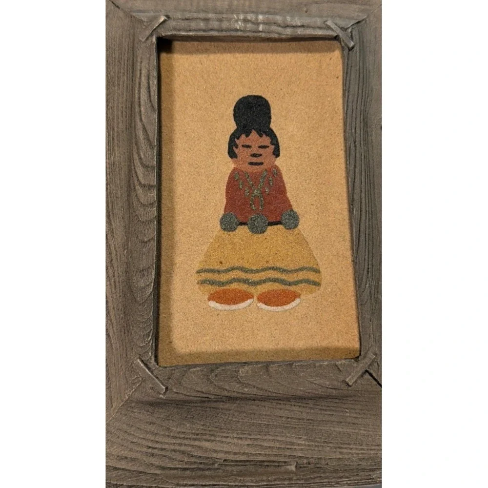 Vtg Handmade Signed Navajo Girl Sand Art Wood Framed‎ Wall Hanging Native Decor